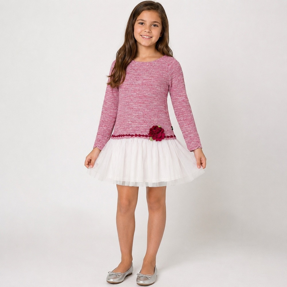 Dollie‎ & Me Girls Pink Tweed Tulle Dress Size 10 Long Sleeve Flower Applique